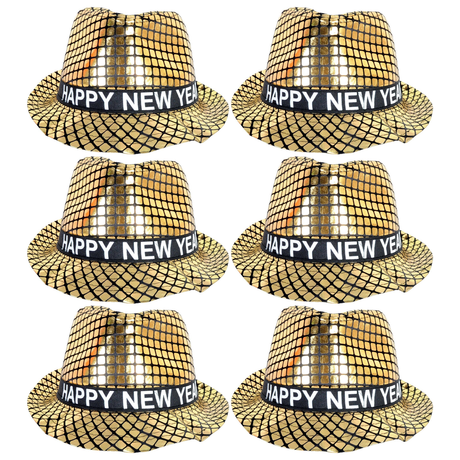 6x Happy New Year Metallic Trilby Hat Bulk Pack - Black/Gold Squares (Party Costume & Fancy Dress)