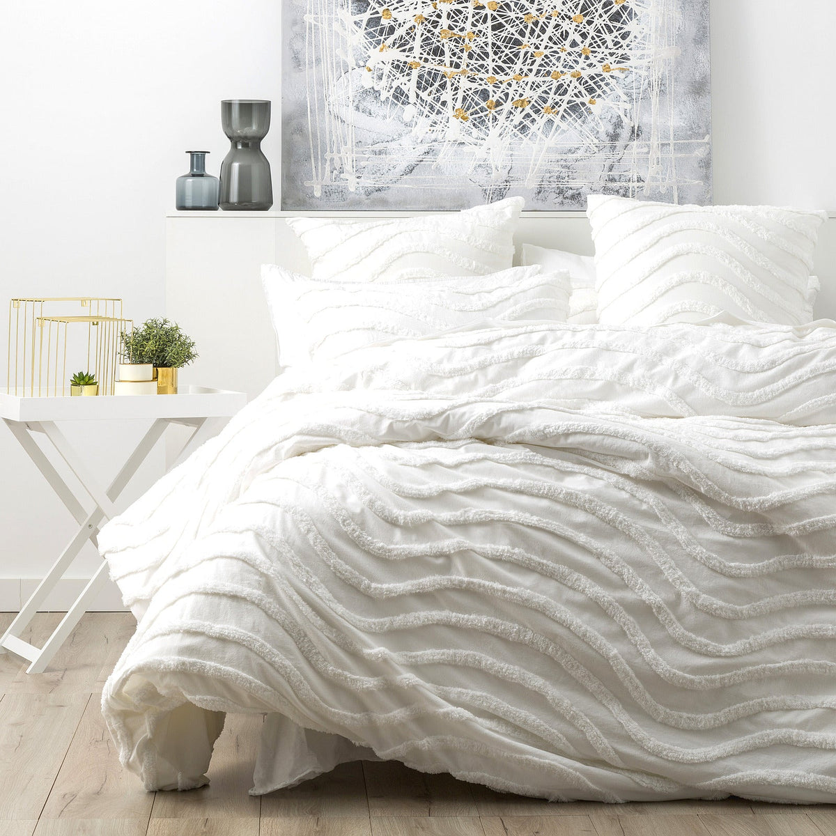 Cloud Linen Wave Vintage Washed Tufted Cotton Chenille Quilt Cover Set - White