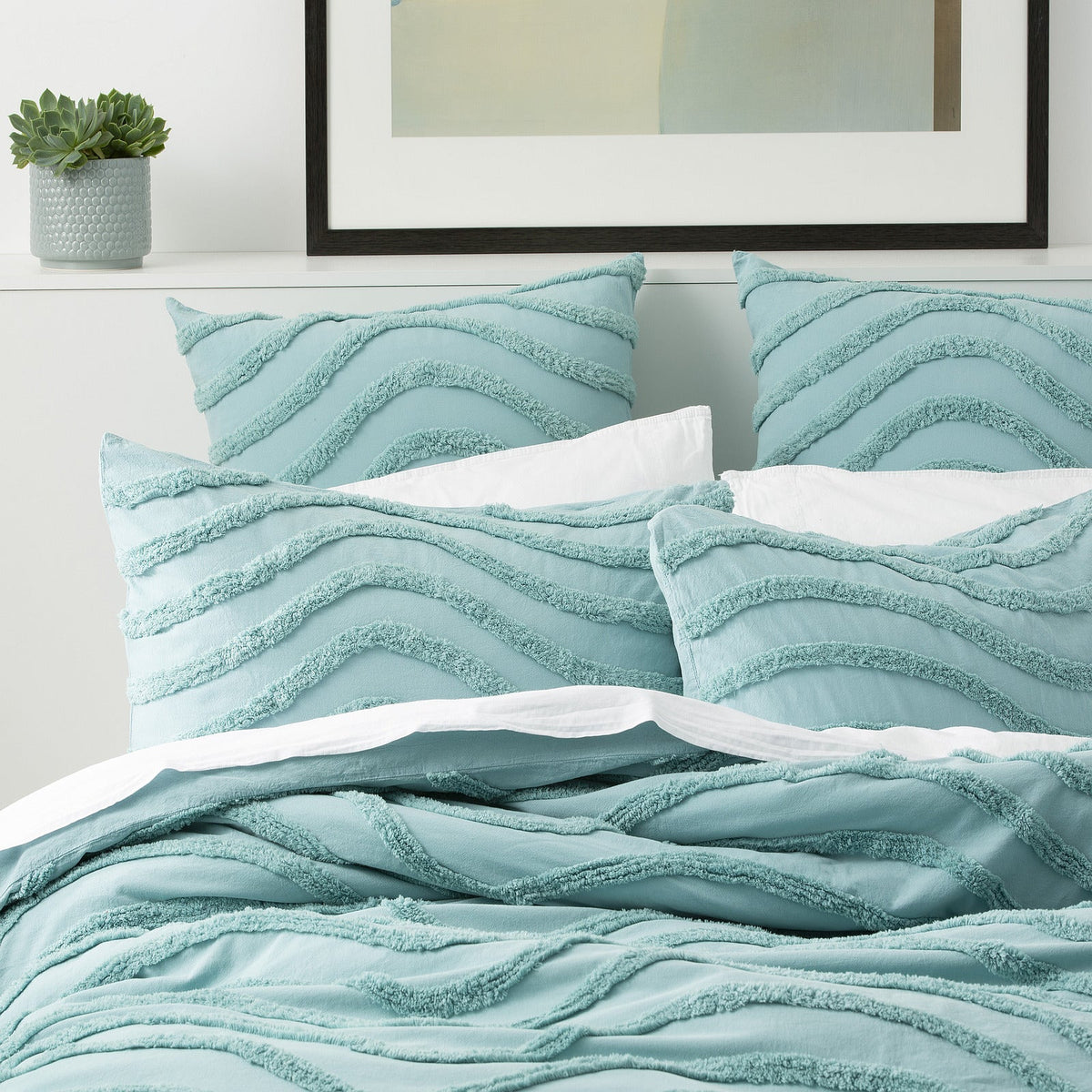 Cloud Linen Wave Vintage Washed Tufted Cotton Chenille Quilt Cover Set - Aqua