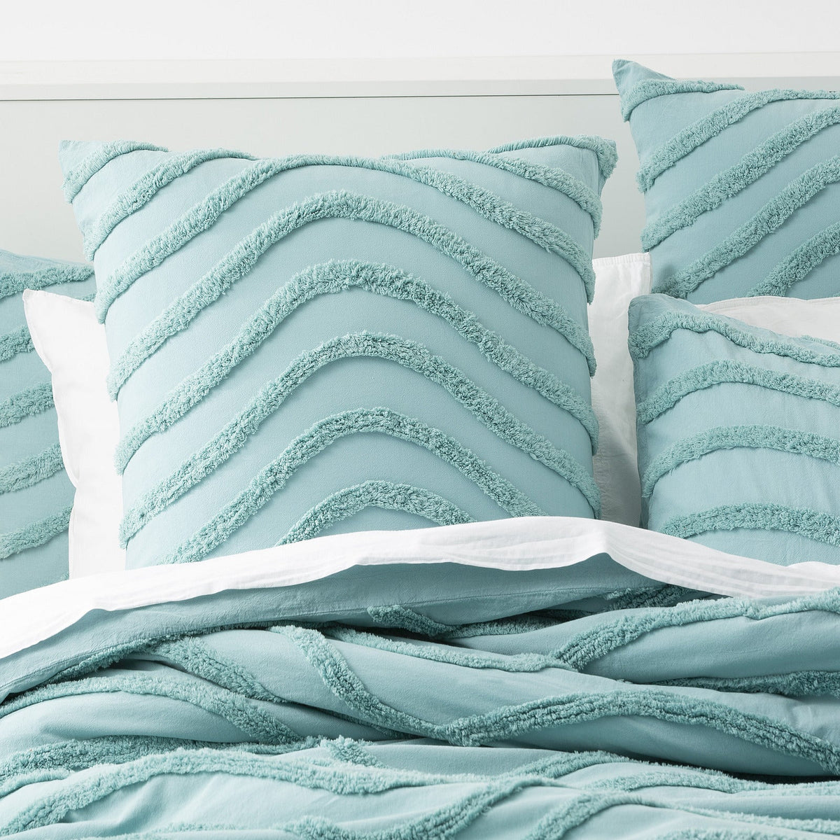 Cloud Linen Wave Vintage Washed Tufted Cotton Chenille Quilt Cover Set - Aqua