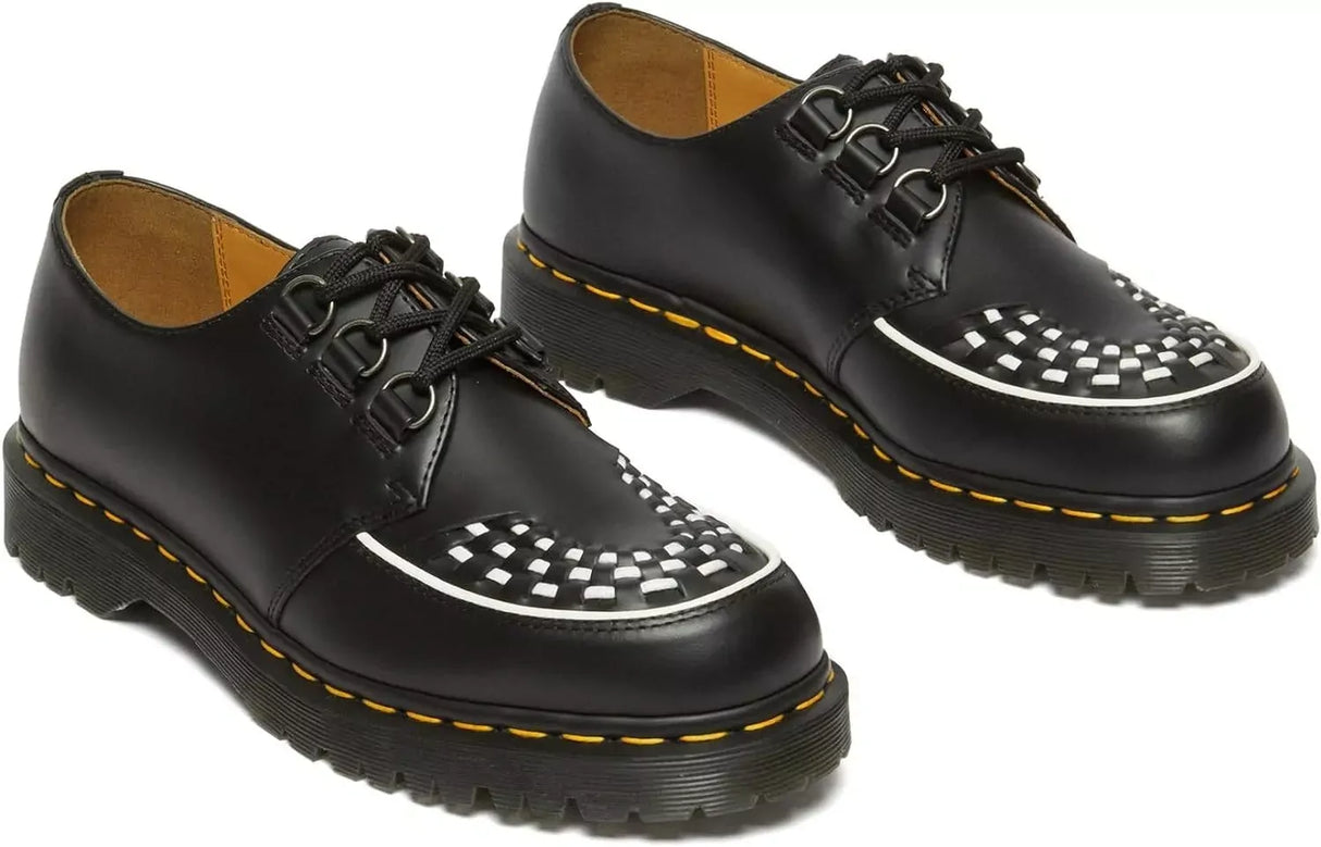 Dr. Martens Ramsey Platform Leather Creeper Oxford Shoes 3 Tie in Black Smooth