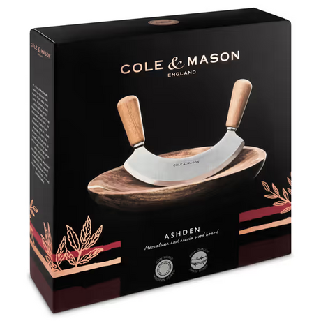 Cole & Mason Ashden Stainless Steel Mezzaluna Herb Garlic Chopper w Acacia Board