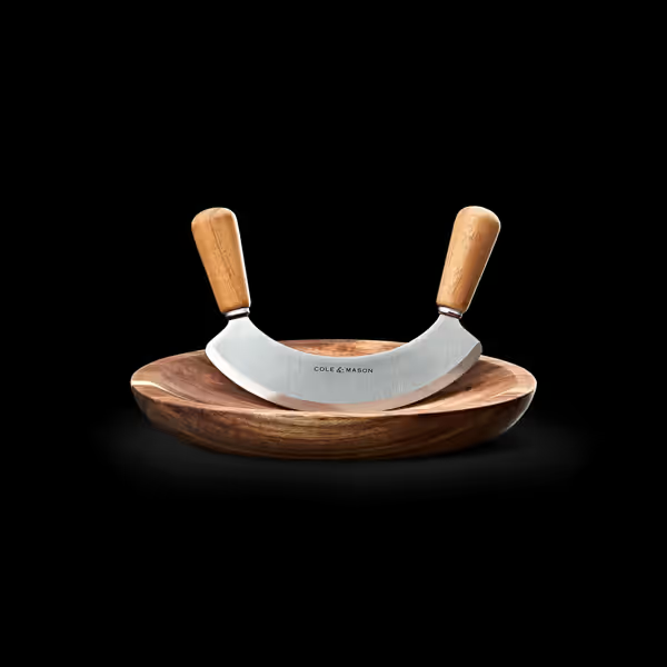 Cole & Mason Ashden Stainless Steel Mezzaluna Herb Garlic Chopper w Acacia Board