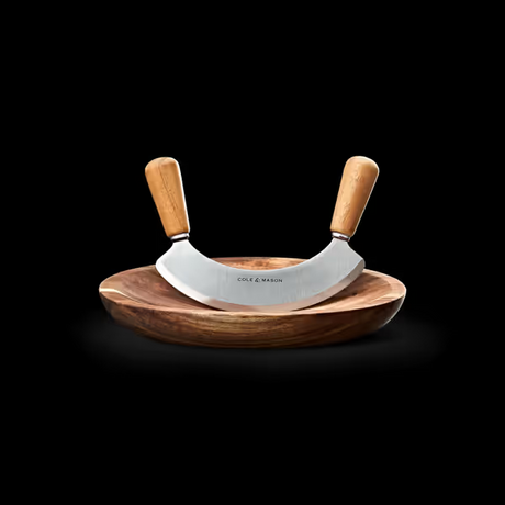 Cole & Mason Ashden Stainless Steel Mezzaluna Herb Garlic Chopper w Acacia Board