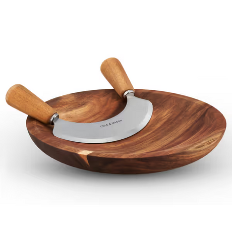 Cole & Mason Ashden Stainless Steel Mezzaluna Herb Garlic Chopper w Acacia Board