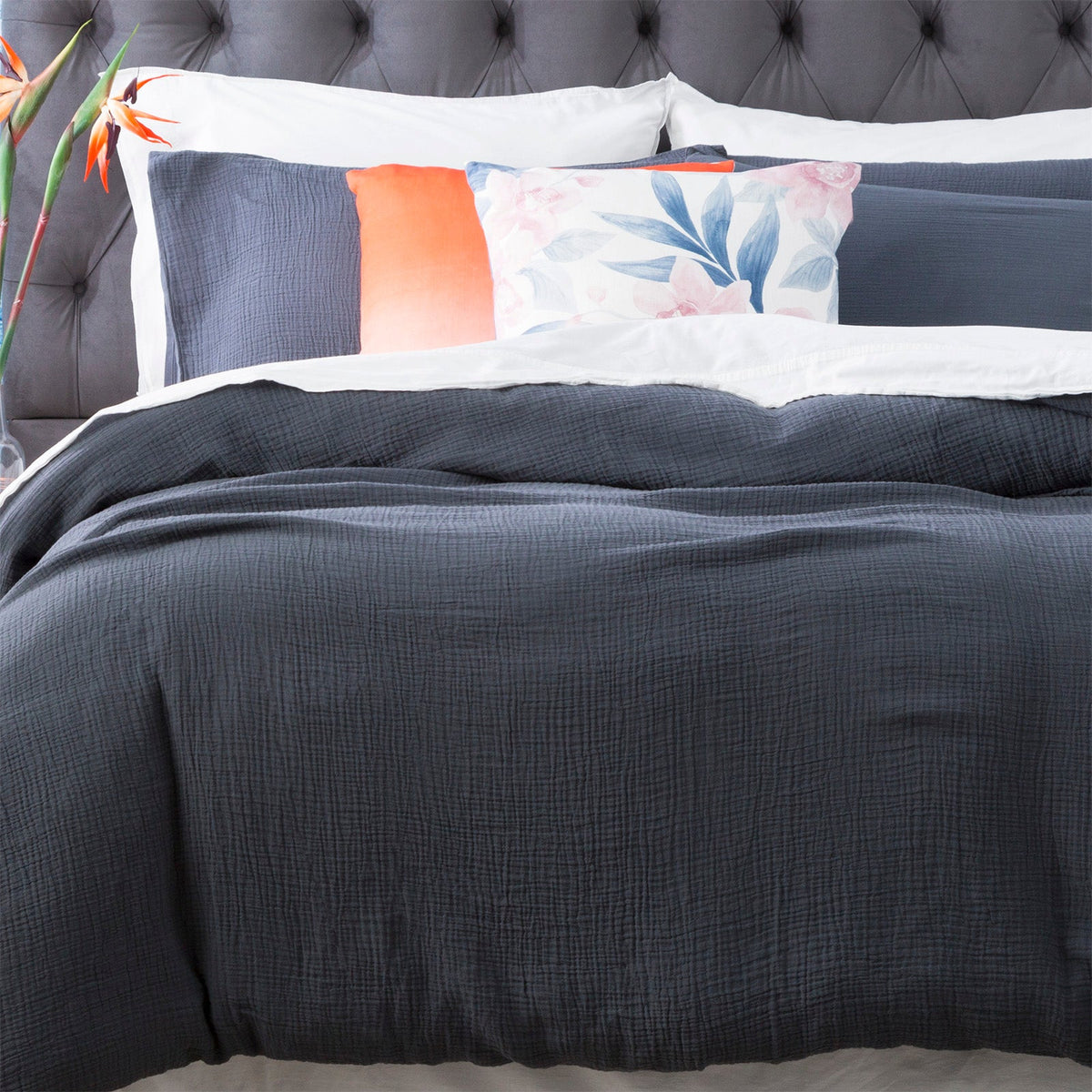 Renee Taylor Solana 250TC Washed Cotton Quilt Cover Set - Blue (OEKO-TEX Certified)