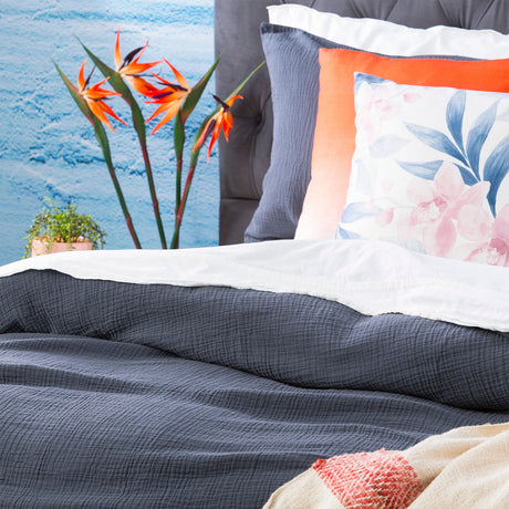 Renee Taylor Solana 250TC Washed Cotton Quilt Cover Set - Blue (OEKO-TEX Certified)
