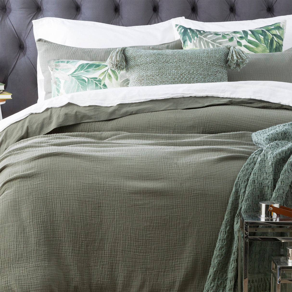 Renee Taylor Solana 250TC Washed Cotton Quilt Cover Set - Fern (OEKO-TEX Certified)