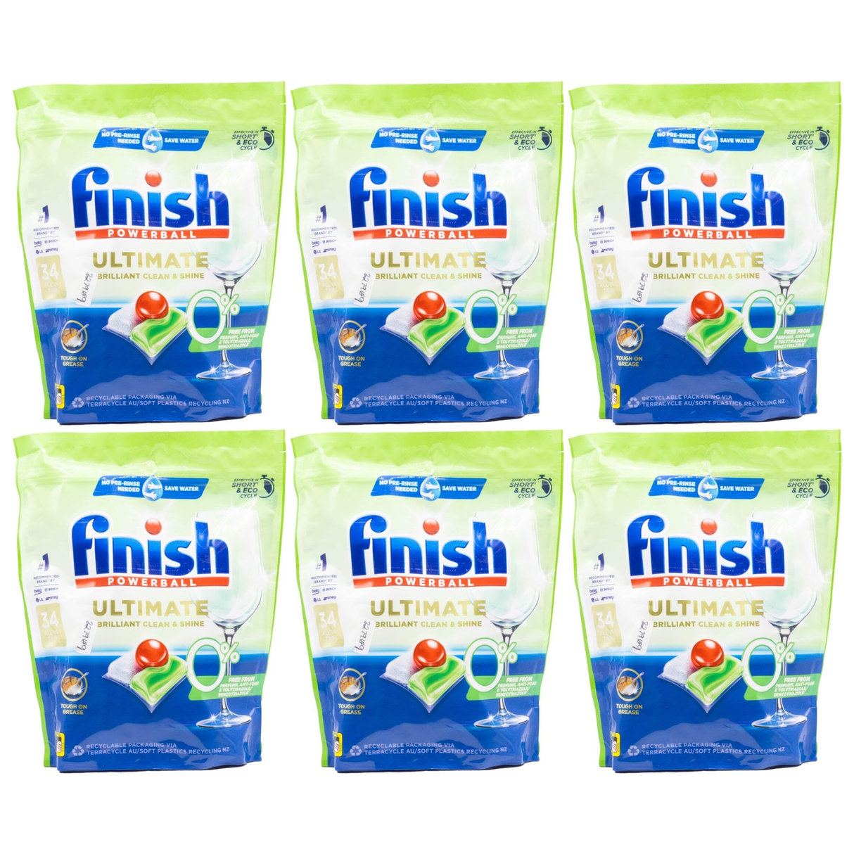 6x Finish Powerball Ultimate Pro Dishwasher Tablets Bulk Pack - 34 Pack