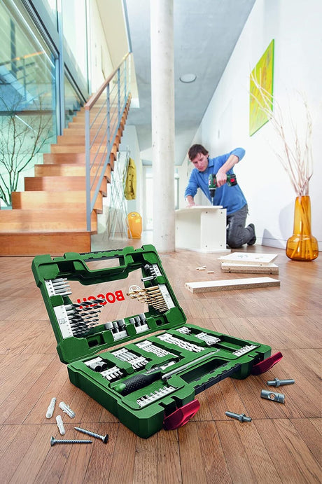 Bosch 91-Piece V-Line Titanium Drill Bit and Screwdriver Bit Set w/ Ratcheting Screwdriver (For Wood, Masonry, and Metal)