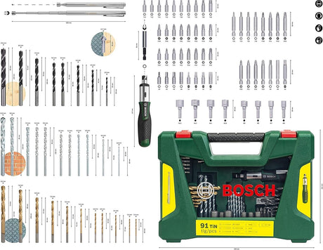 Bosch 91-Piece V-Line Titanium Drill Bit and Screwdriver Bit Set w/ Ratcheting Screwdriver (For Wood, Masonry, and Metal)