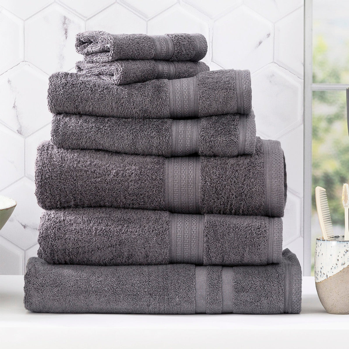 Renee Taylor Stella 650 GSM Bamboo Cotton Bath Towel Set - Charcoal (2 to 14 Piece Packs)