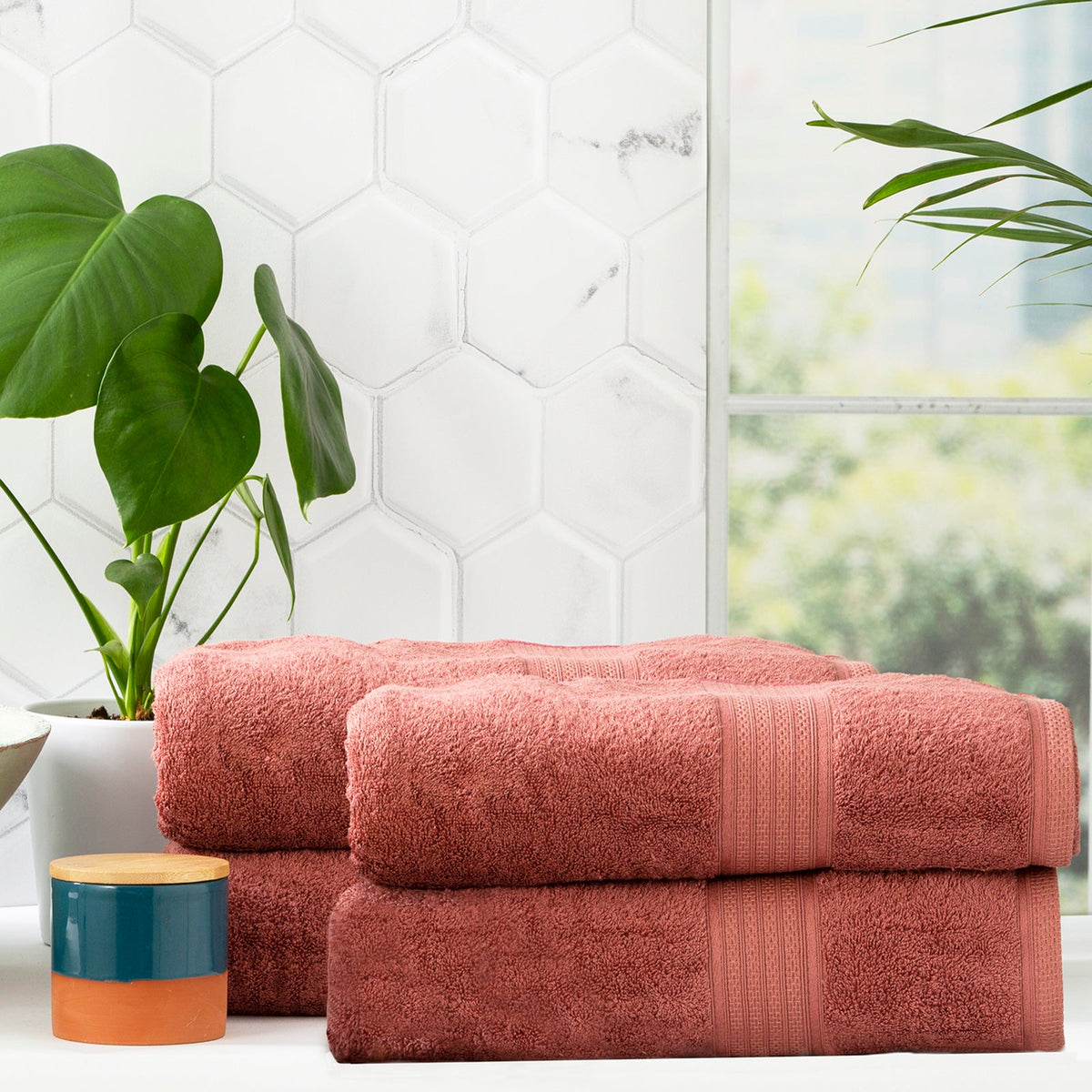 Renee Taylor Stella 650 GSM Bamboo Cotton Bath Towel Set - Brick (2 to 14 Piece Packs)