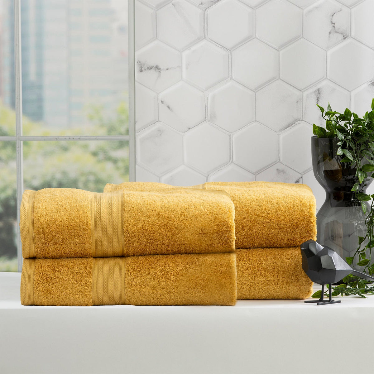Renee Taylor Stella 650 GSM Bamboo Cotton Bath Towel Set - Mustard (2 to 14 Piece Packs)