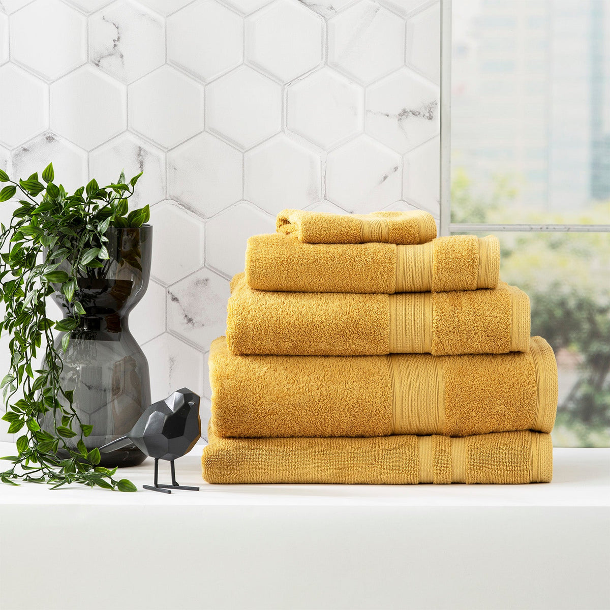 Renee Taylor Stella 650 GSM Bamboo Cotton Bath Towel Set - Mustard (2 to 14 Piece Packs)