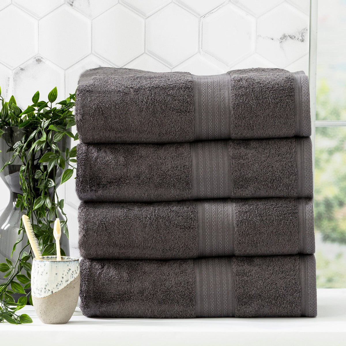 Renee Taylor Stella 650 GSM Bamboo Cotton Bath Towel Set - Charcoal (2 to 14 Piece Packs)