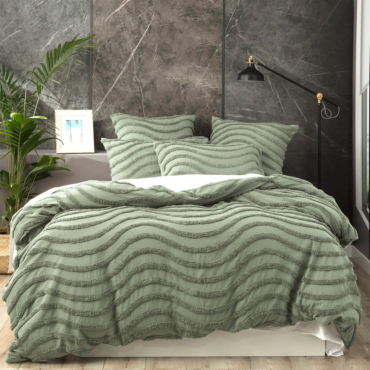 Cloud Linen Wave Vintage Washed Tufted Cotton Chenille Quilt Cover Set - Sage