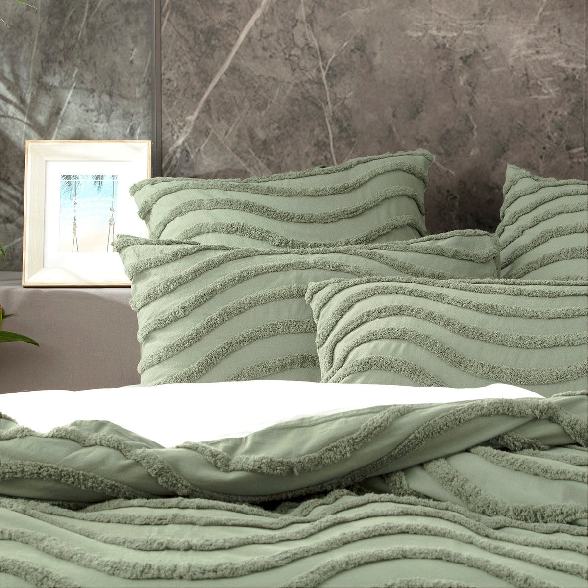 Cloud Linen Wave Vintage Washed Tufted Cotton Chenille Quilt Cover Set - Sage