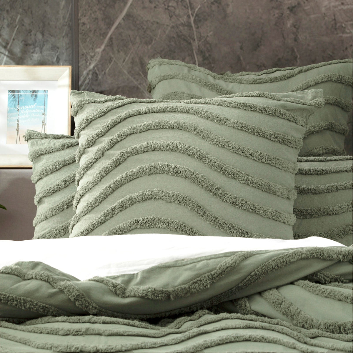 Cloud Linen Wave Vintage Washed Tufted Cotton Chenille Quilt Cover Set - Sage
