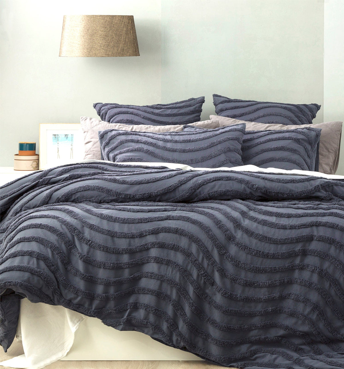 Cloud Linen Wave Vintage Washed Tufted Cotton Chenille Quilt Cover Set - Blue