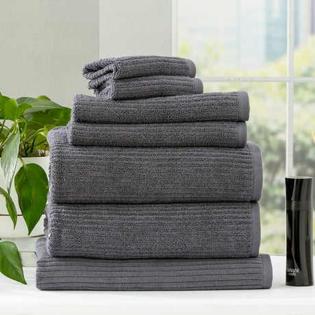 Renee Taylor Cobblestone 650 GSM Ribbed Cotton Bath Towel Set - Granite (2 to 14 Piece Packs)