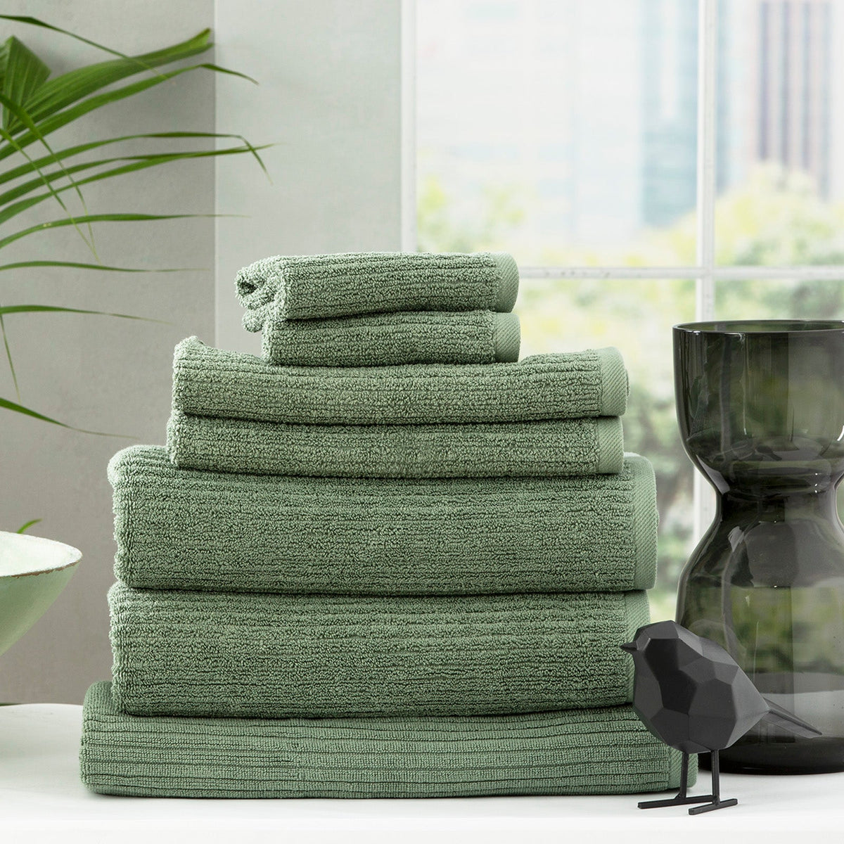 Renee Taylor Cobblestone 650 GSM Ribbed Cotton Bath Towel Set - Sage (2 to 14 Piece Packs)