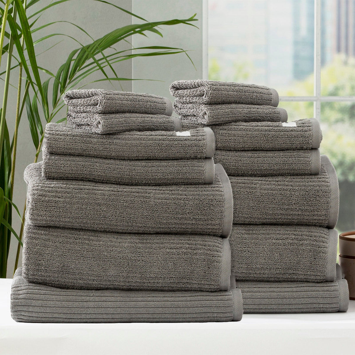 Renee Taylor Cobblestone 650 GSM Ribbed Cotton Bath Towel Set - Platinum (2 to 14 Piece Packs)