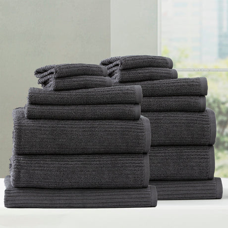 Renee Taylor Cobblestone 650 GSM Ribbed Cotton Bath Towel Set - Granite (2 to 14 Piece Packs)