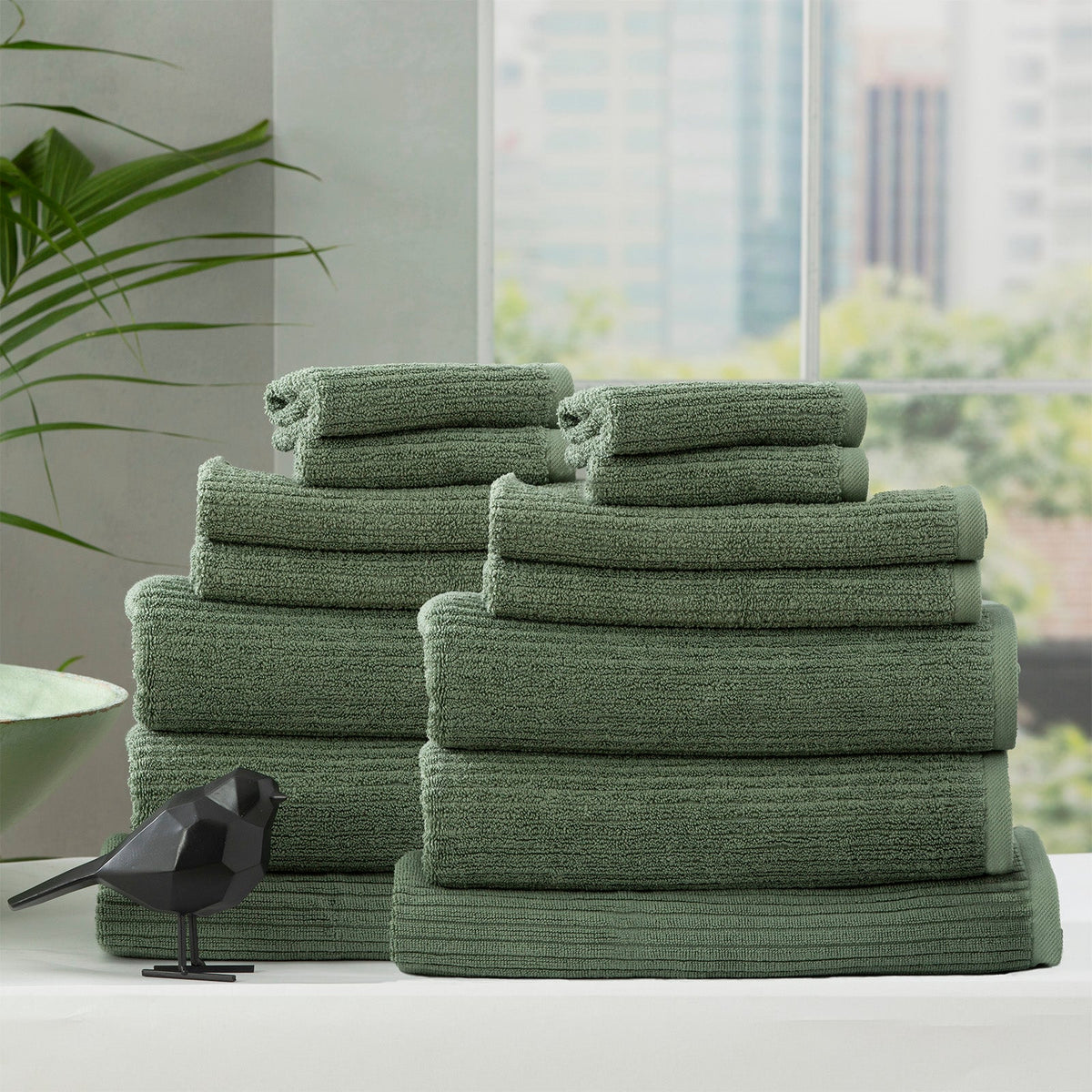 Renee Taylor Cobblestone 650 GSM Ribbed Cotton Bath Towel Set - Sage (2 to 14 Piece Packs)