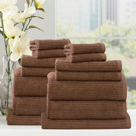 Renee Taylor Cobblestone 650 GSM Ribbed Cotton Bath Towel Set - Toffee (2 to 14 Piece Packs)