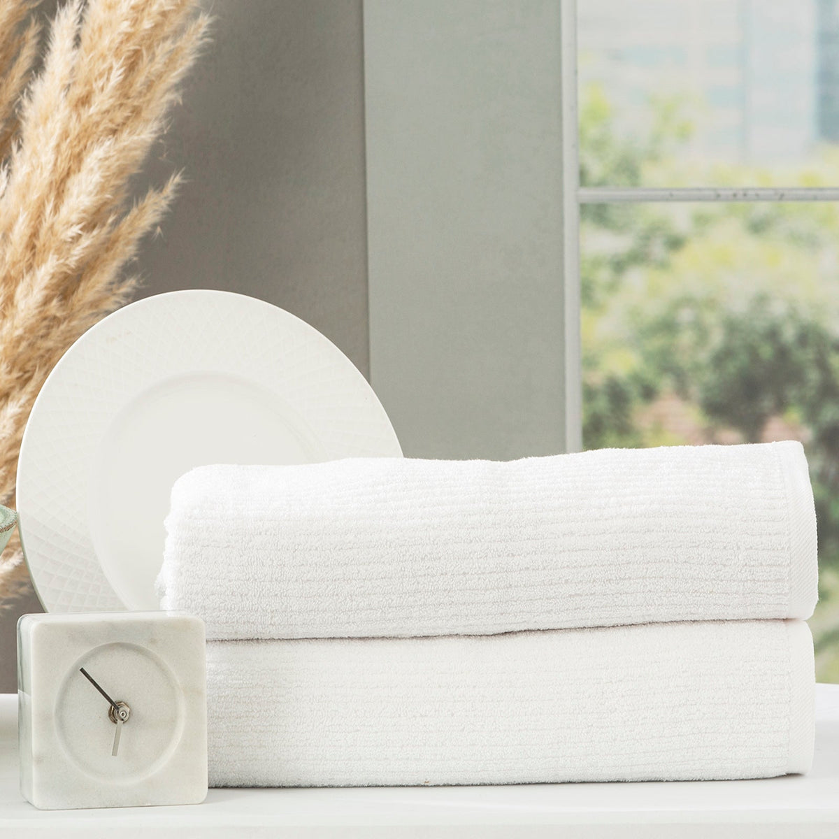 Renee Taylor Cobblestone 650 GSM Ribbed Cotton Bath Towel Set - White (2 to 14 Piece Packs)