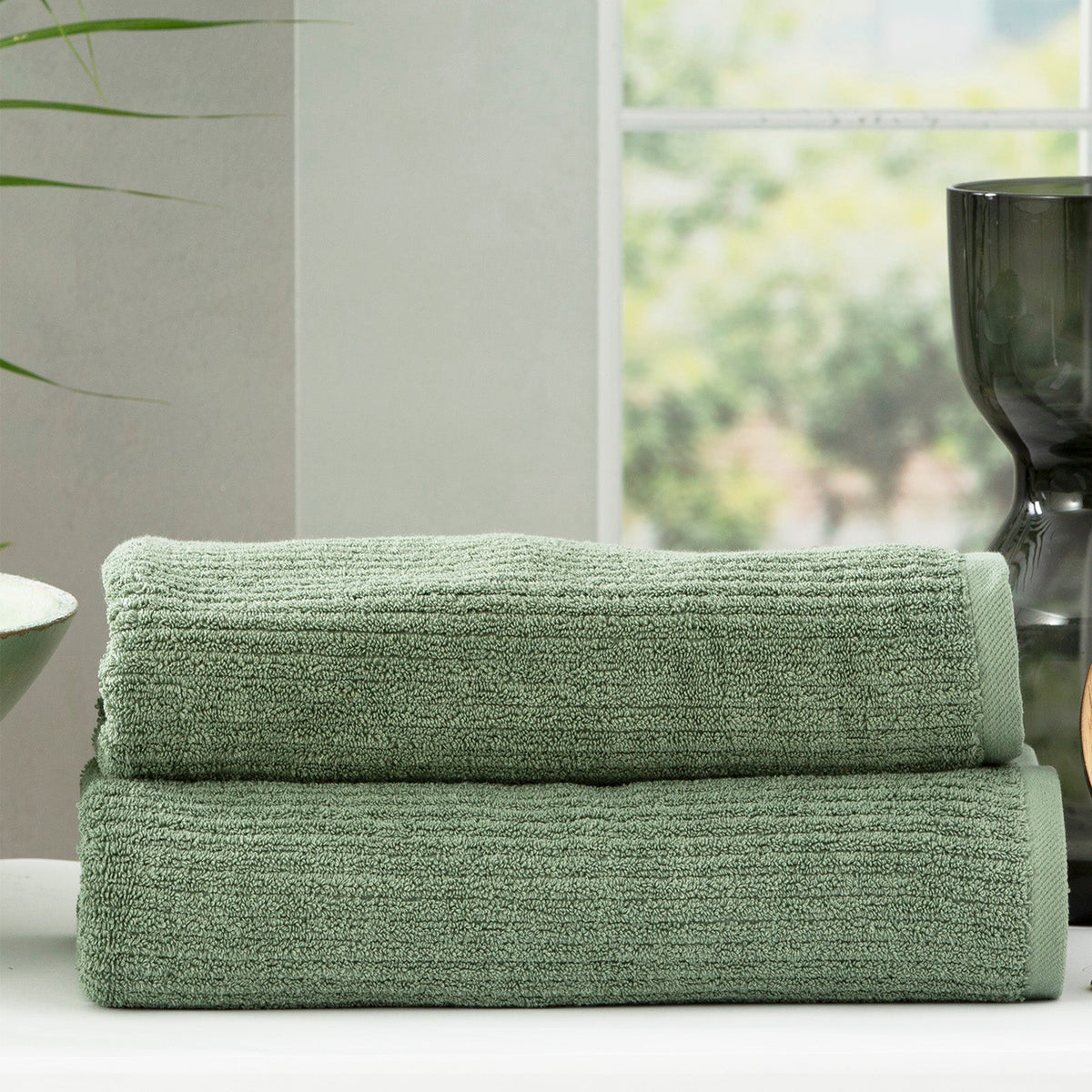 Renee Taylor Cobblestone 650 GSM Ribbed Cotton Bath Towel Set - Sage (2 to 14 Piece Packs)