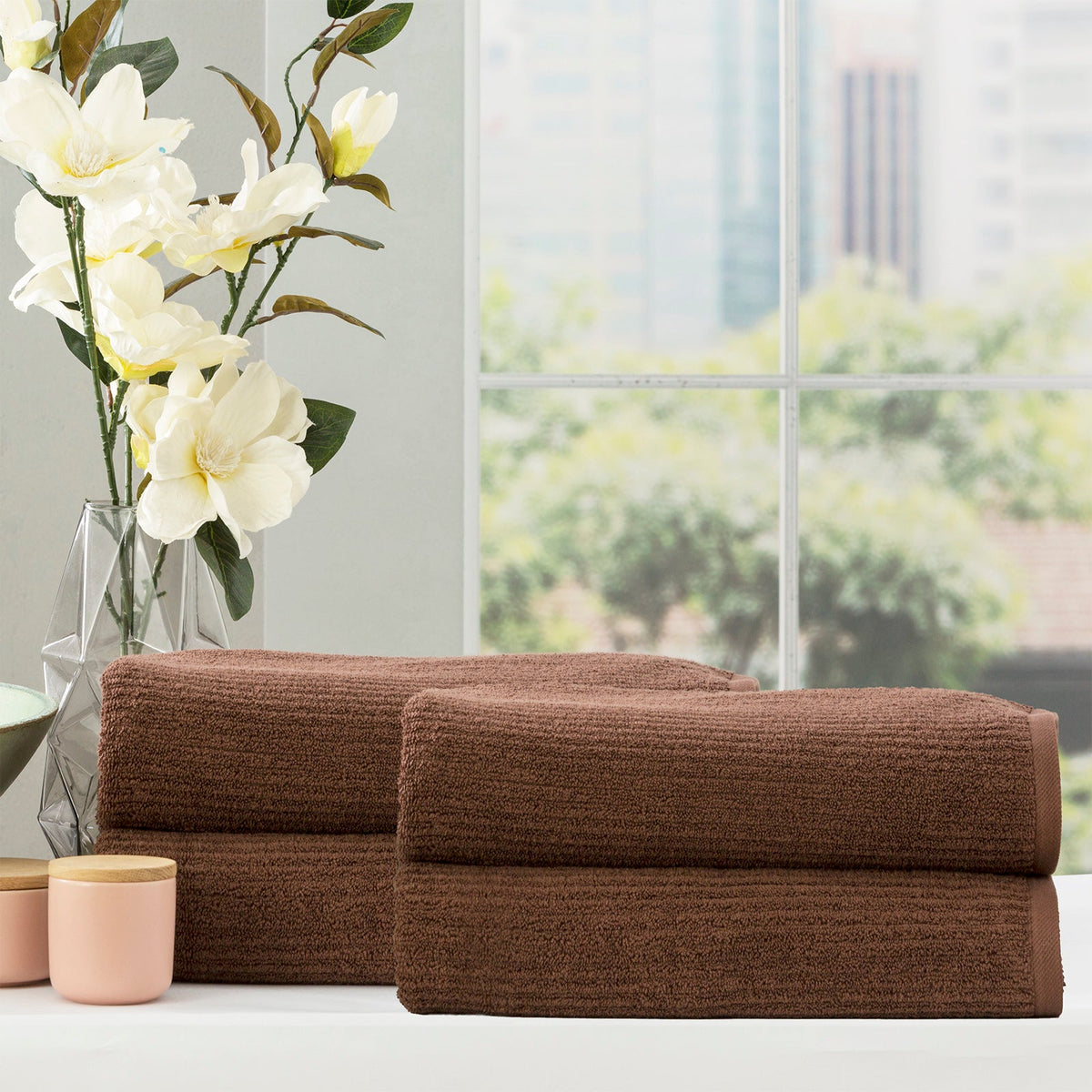 Renee Taylor Cobblestone 650 GSM Ribbed Cotton Bath Towel Set - Toffee (2 to 14 Piece Packs)
