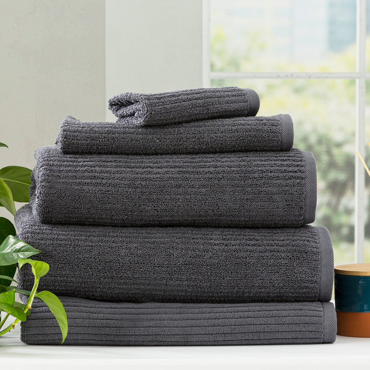 Renee Taylor Cobblestone 650 GSM Ribbed Cotton Towels - Granite (Bath, Hand & Face Towel/Bath Sheet & Bath Mat)