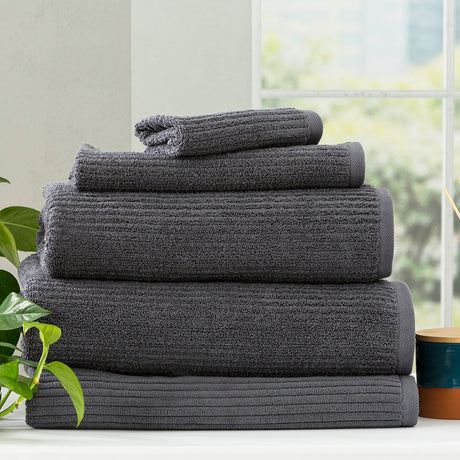 Renee Taylor Cobblestone 650 GSM Ribbed Cotton Towels - Granite (Bath, Hand & Face Towel/Bath Sheet & Bath Mat)