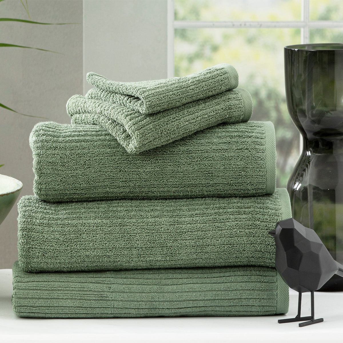 Renee Taylor Cobblestone 650 GSM Ribbed Cotton Towels - Sage (Bath, Hand & Face Towel/Bath Sheet & Bath Mat)