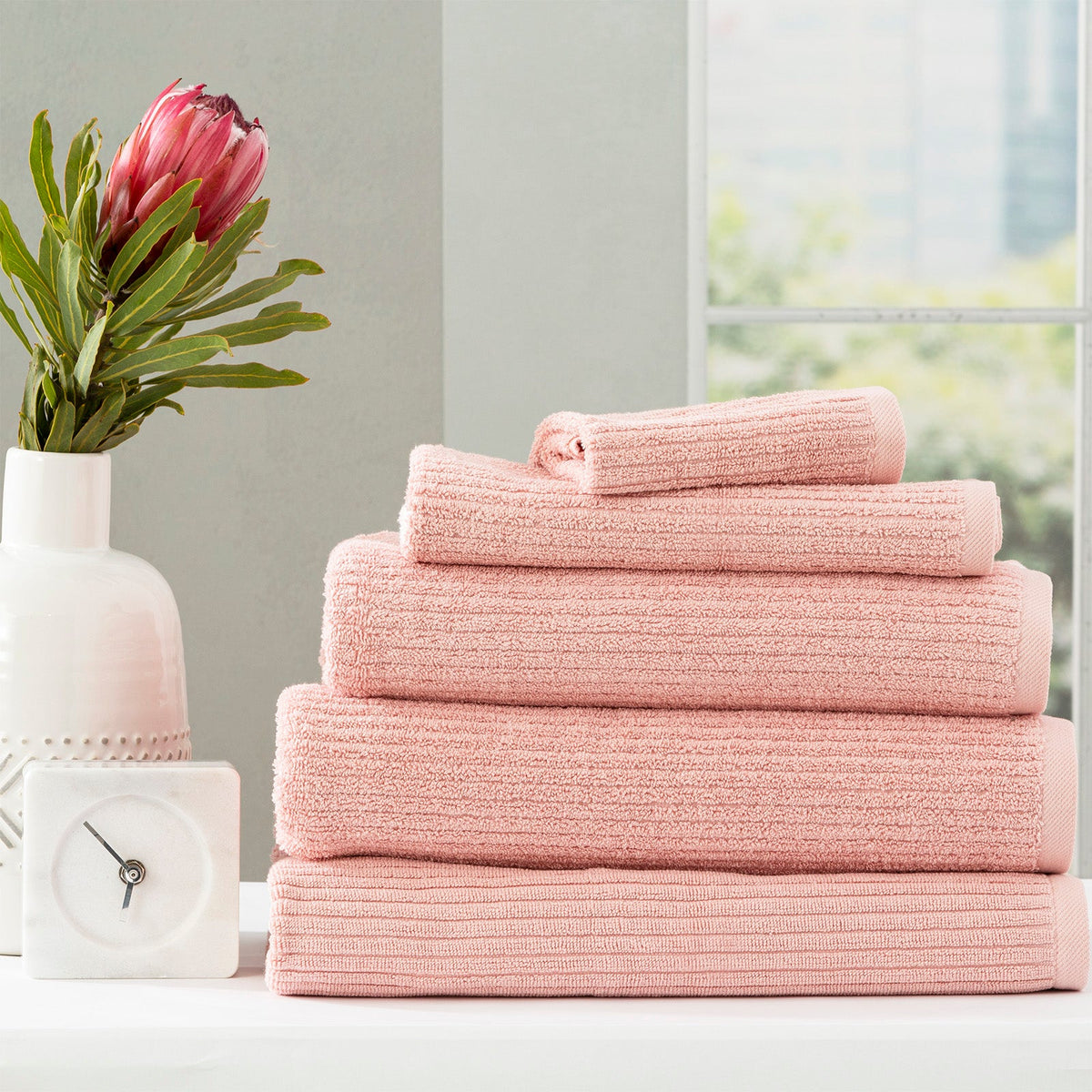 Renee Taylor Cobblestone 650 GSM Ribbed Cotton Towels - Blush (Bath, Hand & Face Towel/Bath Sheet & Bath Mat)
