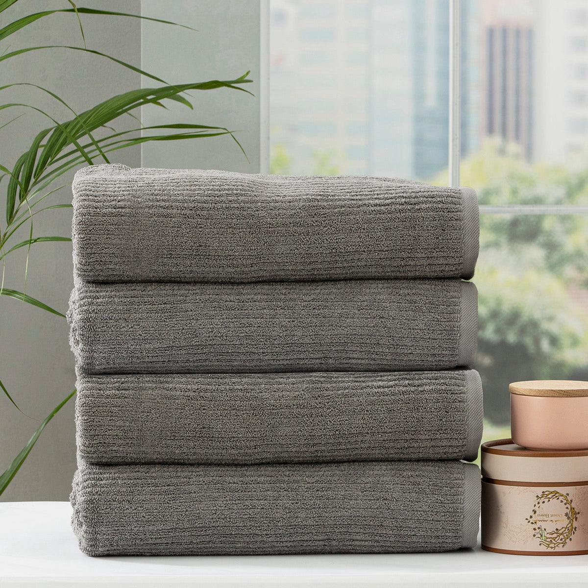 Renee Taylor Cobblestone 650 GSM Ribbed Cotton Bath Towel Set - Platinum (2 to 14 Piece Packs)