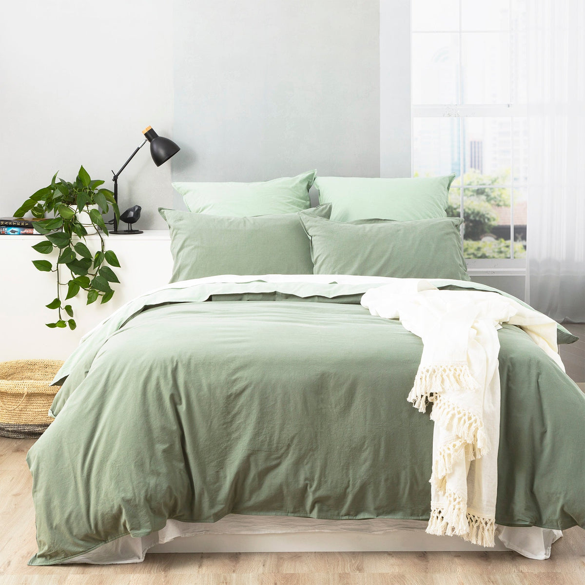 Renee Taylor Essentials Vintage Stonewashed Cotton Reversible Quilt Cover Set - Juniper (OEKO-TEX Certified)