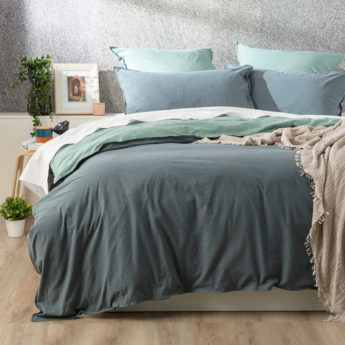 Renee Taylor Essentials Vintage Stonewashed Cotton Reversible Quilt Cover Set - Mineral (OEKO-TEX Certified)