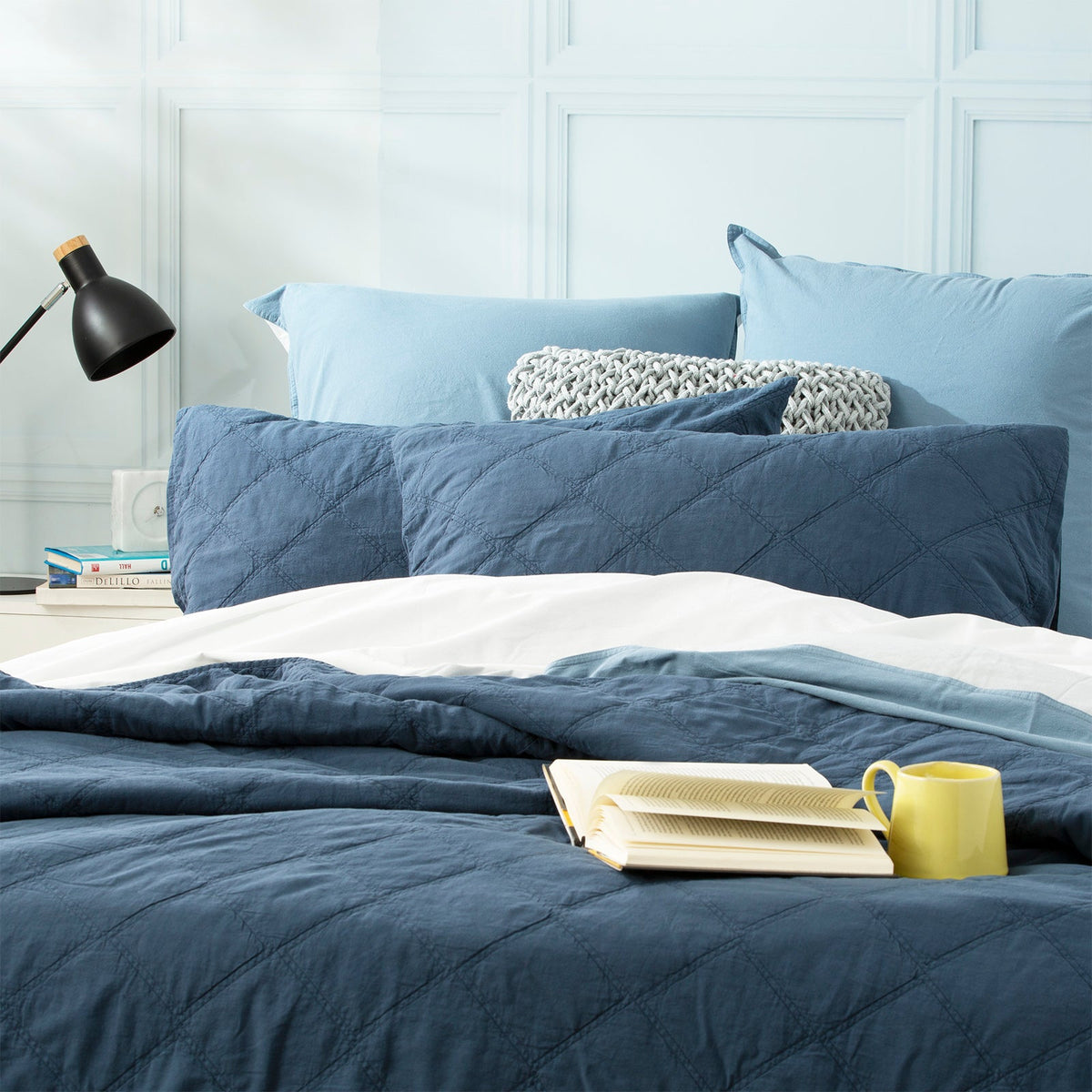 Renee Taylor Attwood Stonewashed Cotton Quilted Coverlet Set - Ink (OEKO-TEX Certified Bedspread)