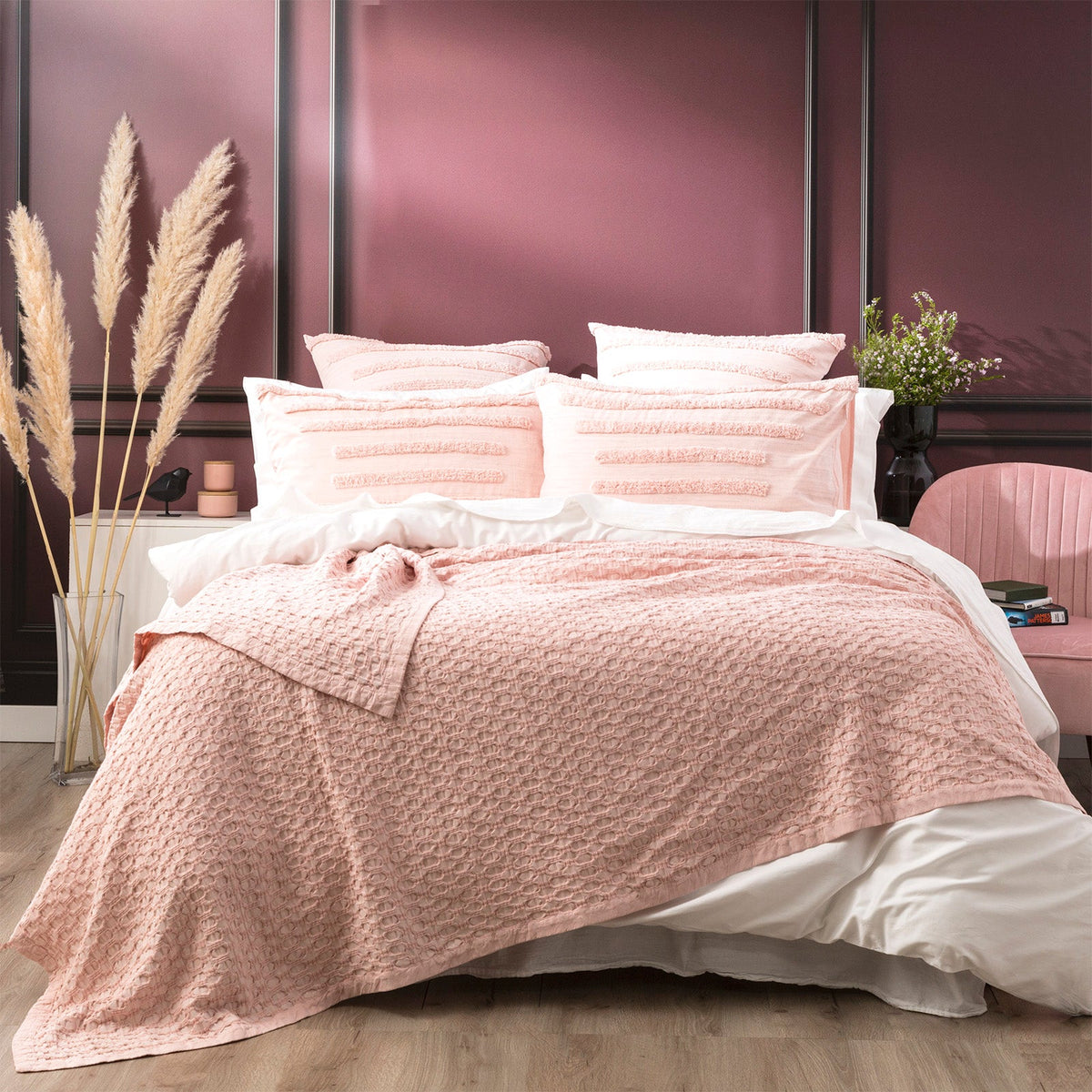 Renee Taylor Lexico Washed Cotton Waffle Blanket - Rose (OEKO-TEX Certified)
