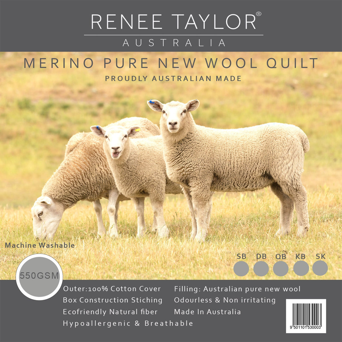 Renee Taylor Australian Pure Merino Wool Kids Quilt (550 GSM, Cotton Percale Casing)