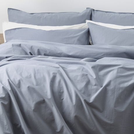 Renee Taylor Helena 300TC Stonewashed Cotton Percale Quilt Cover Set - Dusty Blue (Vintage Wash)