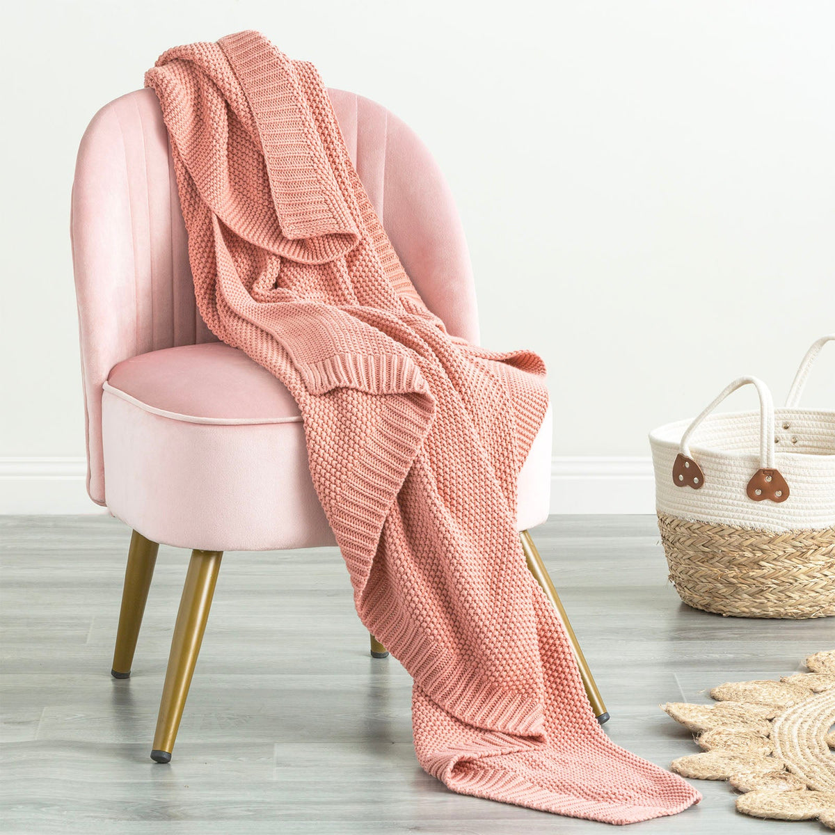 Renee Taylor Kids Moss Seed Stitch Knit Cotton Decorative Throw Blanket - Rose (130 x 170cm)
