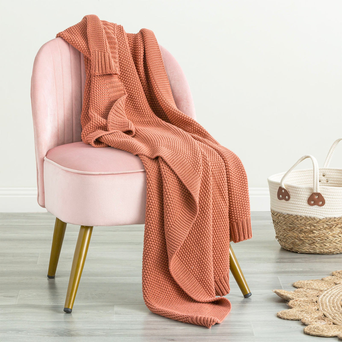 Renee Taylor Moss Seed Stitch Knit Cotton Decorative Throw Blanket - Rust (130 x 170cm)