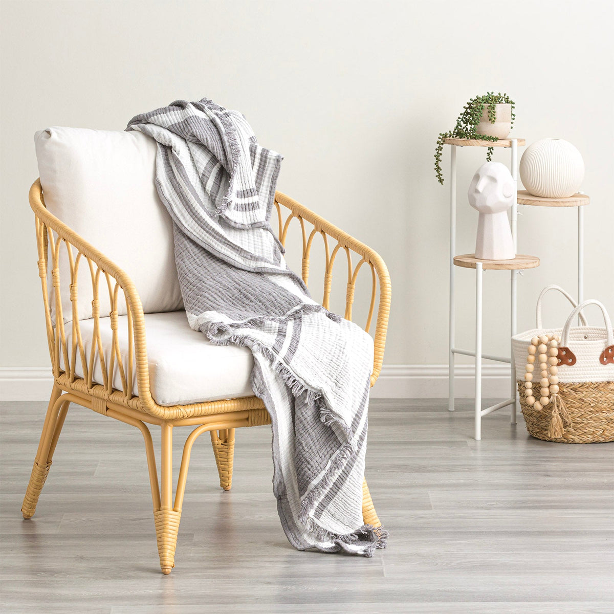 Renee Taylor Ray Striped Vintage Washed Cotton Decorative Throw Blanket - Nude (130 x 200cm)