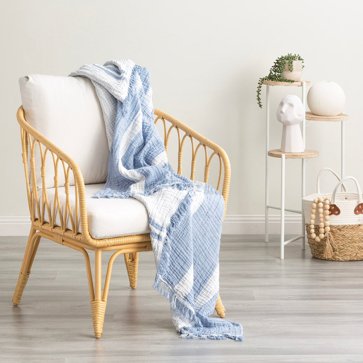Renee Taylor Ray Striped Vintage Washed Cotton Decorative Throw Blanket - Artic (130 x 200cm)