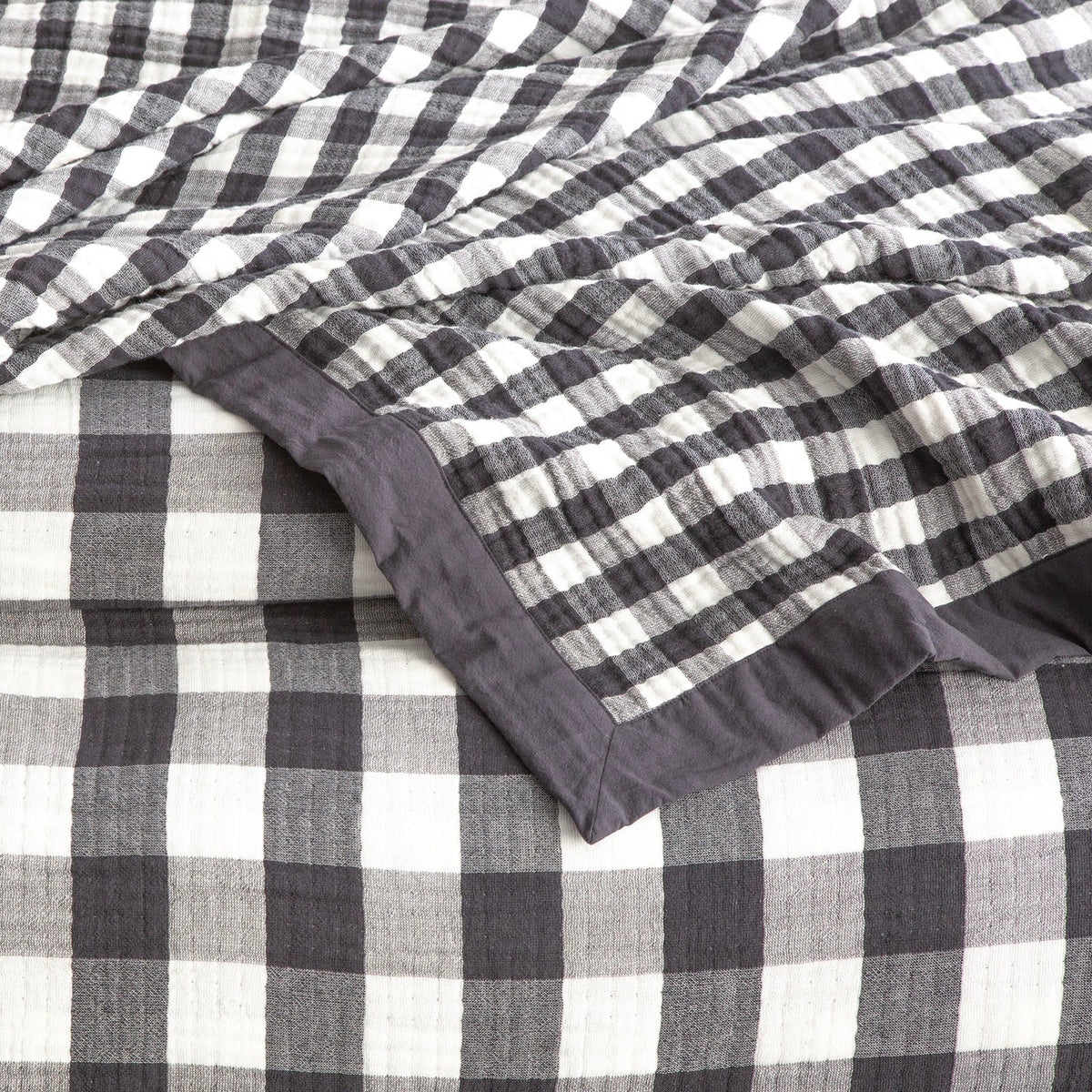 Renee Taylor Gingham Washed Cotton Muslin Reversible Blanket - Ash (OEKO-TEX Certified)