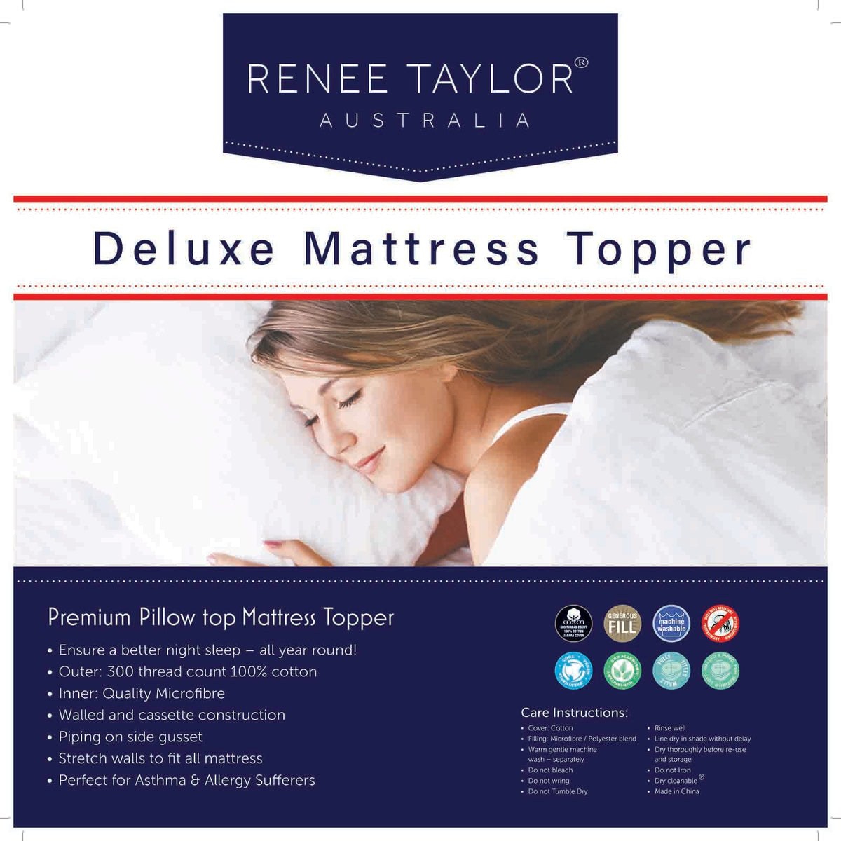 Renee Taylor Deluxe 1000 GSM High Loft Fitted Mattress Topper (300TC Cotton Cover)